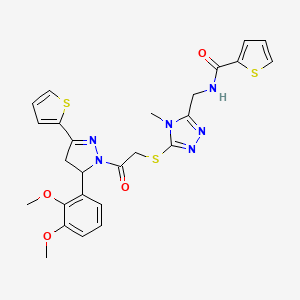 molecular formula C26H26N6O4S3 B2586608 N-[[5-[2-[3-(2,3-dimethoxyphenyl)-5-thiophen-2-yl-3,4-dihydropyrazol-2-yl]-2-oxoethyl]sulfanyl-4-methyl-1,2,4-triazol-3-yl]methyl]thiophene-2-carboxamide CAS No. 362509-43-1