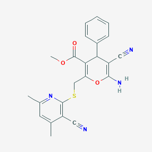 molecular formula C23H20N4O3S B258661 methyl 6-amino-5-cyano-2-{[(3-cyano-4,6-dimethyl-2-pyridinyl)sulfanyl]methyl}-4-phenyl-4H-pyran-3-carboxylate 