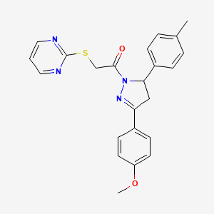 molecular formula C23H22N4O2S B2586624 1-(3-(4-methoxyphenyl)-5-(p-tolyl)-4,5-dihydro-1H-pyrazol-1-yl)-2-(pyrimidin-2-ylthio)ethanone CAS No. 403836-86-2