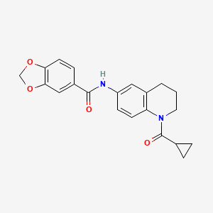 molecular formula C21H20N2O4 B2586631 N-[1-(环丙烷羰基)-3,4-二氢-2H-喹啉-6-基]-1,3-苯并二氧杂环-5-甲酰胺 CAS No. 946245-47-2