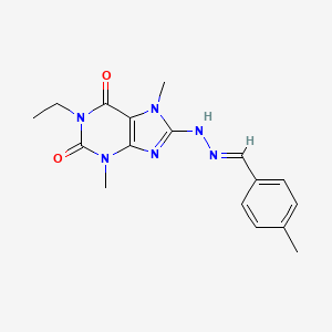 molecular formula C17H20N6O2 B2586673 (E)-1-乙基-3,7-二甲基-8-(2-(4-甲基苄叉)-腙基)-1H-嘌呤-2,6(3H,7H)-二酮 CAS No. 1203433-79-7