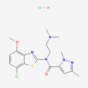molecular formula C18H23Cl2N5O2S B2586742 盐酸N-(7-氯-4-甲氧基苯并[d]噻唑-2-基)-N-(2-(二甲氨基)乙基)-1,3-二甲基-1H-吡唑-5-甲酰胺 CAS No. 1215505-50-2
