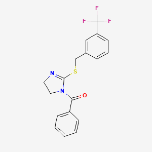 molecular formula C18H15F3N2OS B2586816 苯基（2-((3-(三氟甲基)苄基)硫代)-4,5-二氢-1H-咪唑-1-基）甲苯酮 CAS No. 851805-58-8