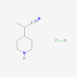 molecular formula C8H15ClN2 B2586913 2-Piperidin-4-ylpropanenitrile;hydrochloride CAS No. 2470435-73-3