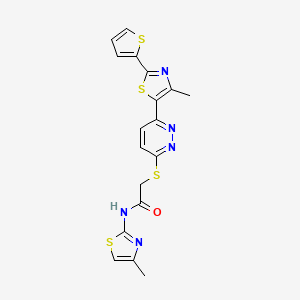 molecular formula C18H15N5OS4 B2586956 2-((6-(4-methyl-2-(thiophen-2-yl)thiazol-5-yl)pyridazin-3-yl)thio)-N-(4-methylthiazol-2-yl)acetamide CAS No. 1005296-77-4
