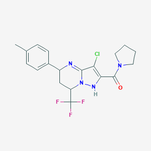 molecular formula C19H20ClF3N4O B258698 [3-chloro-5-(4-methylphenyl)-7-(trifluoromethyl)-1,5,6,7-tetrahydropyrazolo[1,5-a]pyrimidin-2-yl]-pyrrolidin-1-ylmethanone 