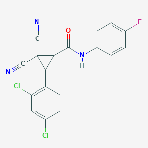 molecular formula C18H10Cl2FN3O B2587003 2,2-dicyano-3-(2,4-dichlorophenyl)-N-(4-fluorophenyl)cyclopropane-1-carboxamide CAS No. 866132-16-3