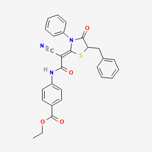 molecular formula C28H23N3O4S B2587017 (Z)-ethyl 4-(2-(5-benzyl-4-oxo-3-phenylthiazolidin-2-ylidene)-2-cyanoacetamido)benzoate CAS No. 499209-98-2