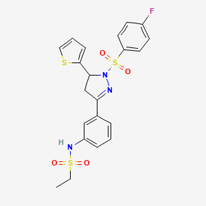 molecular formula C21H20FN3O4S3 B2587064 N-[3-[2-(4-fluorophenyl)sulfonyl-3-thiophen-2-yl-3,4-dihydropyrazol-5-yl]phenyl]ethanesulfonamide CAS No. 851783-20-5