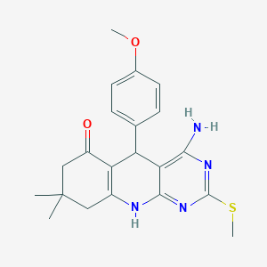 molecular formula C21H24N4O2S B2587090 4-Amino-5-(4-methoxyphenyl)-8,8-dimethyl-2-methylsulfanyl-5,7,9,10-tetrahydropyrimido[4,5-b]quinolin-6-one CAS No. 618400-95-6