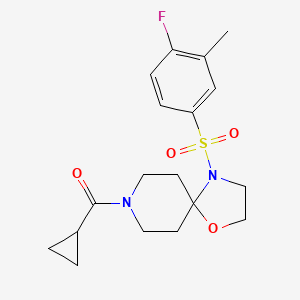 molecular formula C18H23FN2O4S B2587099 8-(Cyclopropylcarbonyl)-4-[(4-fluoro-3-methylphenyl)sulfonyl]-1-oxa-4,8-diazaspiro[4.5]decane CAS No. 946339-67-9