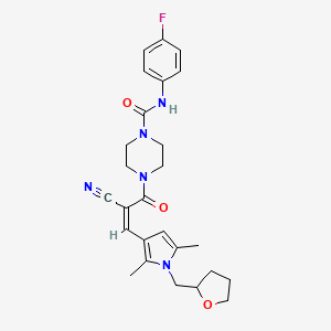 molecular formula C26H30FN5O3 B2587110 4-[(Z)-2-cyano-3-[2,5-dimethyl-1-(oxolan-2-ylmethyl)pyrrol-3-yl]prop-2-enoyl]-N-(4-fluorophenyl)piperazine-1-carboxamide CAS No. 1223873-28-6