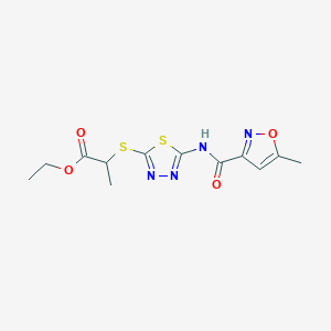 molecular formula C12H14N4O4S2 B2587142 2-((5-(5-甲基异恶唑-3-甲酰胺基)-1,3,4-噻二唑-2-基)硫代)丙酸乙酯 CAS No. 1226440-39-6