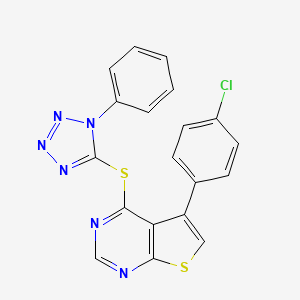 molecular formula C19H11ClN6S2 B2587179 5-(4-chlorophenyl)-4-((1-phenyl-1H-tetrazol-5-yl)thio)thieno[2,3-d]pyrimidine CAS No. 501348-35-2