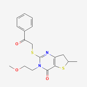 molecular formula C18H20N2O3S2 B2587221 3-(2-methoxyethyl)-6-methyl-2-((2-oxo-2-phenylethyl)thio)-6,7-dihydrothieno[3,2-d]pyrimidin-4(3H)-one CAS No. 851410-43-0