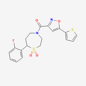 molecular formula C19H17FN2O4S2 B2587247 (7-(2-氟苯基)-1,1-二氧化-1,4-噻吩-4-基)(5-(噻吩-2-基)异恶唑-3-基)甲酮 CAS No. 2034529-91-2