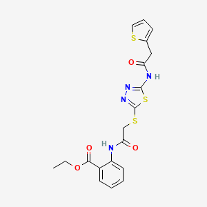 molecular formula C19H18N4O4S3 B2587250 Ethyl 2-(2-((5-(2-(thiophen-2-yl)acetamido)-1,3,4-thiadiazol-2-yl)thio)acetamido)benzoate CAS No. 893357-16-9