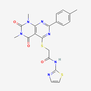 molecular formula C20H18N6O3S2 B2587346 2-((6,8-二甲基-5,7-二氧代-2-(对甲苯基)-5,6,7,8-四氢嘧啶并[4,5-d]嘧啶-4-基)硫代)-N-(噻唑-2-基)乙酰胺 CAS No. 872688-39-6