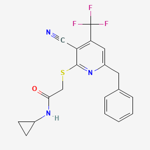 molecular formula C19H16F3N3OS B2587354 2-[6-benzyl-3-cyano-4-(trifluoromethyl)pyridin-2-yl]sulfanyl-N-cyclopropylacetamide CAS No. 723748-29-6
