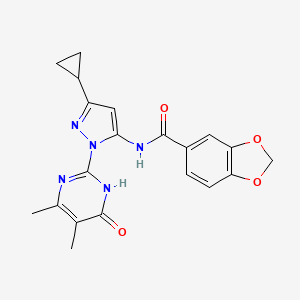 molecular formula C20H19N5O4 B2587369 N-(3-环丙基-1-(4,5-二甲基-6-氧代-1,6-二氢嘧啶-2-基)-1H-吡唑-5-基)苯并[d][1,3]二氧杂环-5-甲酰胺 CAS No. 1203113-48-7