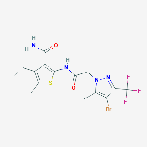 molecular formula C15H16BrF3N4O2S B258742 2-({[4-bromo-5-methyl-3-(trifluoromethyl)-1H-pyrazol-1-yl]acetyl}amino)-4-ethyl-5-methyl-3-thiophenecarboxamide 