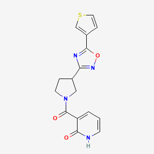 molecular formula C16H14N4O3S B2587427 3-(3-(5-(thiophen-3-yl)-1,2,4-oxadiazol-3-yl)pyrrolidine-1-carbonyl)pyridin-2(1H)-one CAS No. 2034278-37-8