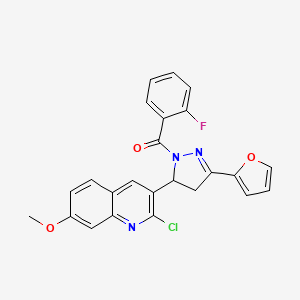 molecular formula C24H17ClFN3O3 B2587436 [3-(2-Chloro-7-methoxyquinolin-3-yl)-5-(furan-2-yl)-3,4-dihydropyrazol-2-yl]-(2-fluorophenyl)methanone CAS No. 710967-66-1