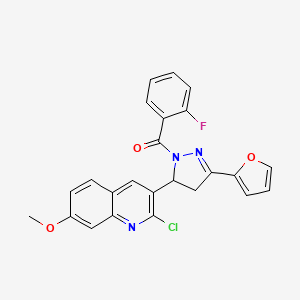 molecular formula C24H17ClFN3O3 B2587436 [3-(2-氯-7-甲氧基喹啉-3-基)-5-(呋喃-2-基)-3,4-二氢吡唑-2-基]-(2-氟苯基)甲酮 CAS No. 710967-66-1