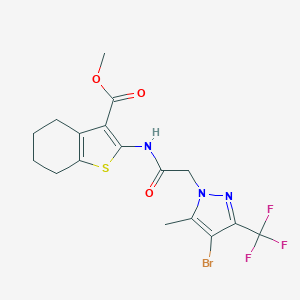 molecular formula C17H17BrF3N3O3S B258748 methyl 2-({[4-bromo-5-methyl-3-(trifluoromethyl)-1H-pyrazol-1-yl]acetyl}amino)-4,5,6,7-tetrahydro-1-benzothiophene-3-carboxylate 