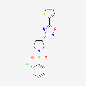 molecular formula C16H14ClN3O3S2 B2587535 3-(1-((2-Chlorophenyl)sulfonyl)pyrrolidin-3-yl)-5-(thiophen-2-yl)-1,2,4-oxadiazole CAS No. 2034413-69-7