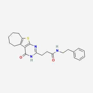 molecular formula C22H25N3O2S B2587563 3-(4-oxo-3,5,6,7,8,9-hexahydro-4H-cyclohepta[4,5]thieno[2,3-d]pyrimidin-2-yl)-N-(2-phenylethyl)propanamide CAS No. 950414-29-6