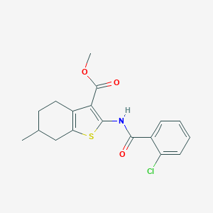 molecular formula C18H18ClNO3S B258763 Methyl 2-{[(2-chlorophenyl)carbonyl]amino}-6-methyl-4,5,6,7-tetrahydro-1-benzothiophene-3-carboxylate 