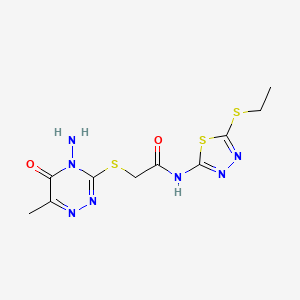 molecular formula C10H13N7O2S3 B2587632 2-((4-amino-6-methyl-5-oxo-4,5-dihydro-1,2,4-triazin-3-yl)thio)-N-(5-(ethylthio)-1,3,4-thiadiazol-2-yl)acetamide CAS No. 869067-91-4