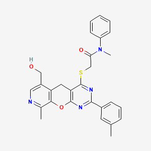 molecular formula C28H26N4O3S B2587649 2-{[11-(hydroxymethyl)-14-methyl-5-(3-methylphenyl)-2-oxa-4,6,13-triazatricyclo[8.4.0.0^{3,8}]tetradeca-1(10),3(8),4,6,11,13-hexaen-7-yl]sulfanyl}-N-methyl-N-phenylacetamide CAS No. 892415-33-7