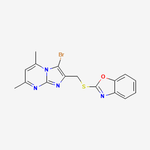 molecular formula C16H13BrN4OS B2587674 2-[(3-Bromo-5,7-dimethyl-2-imidazo[1,2-a]pyrimidinyl)methylthio]-1,3-benzoxazole CAS No. 324540-85-4