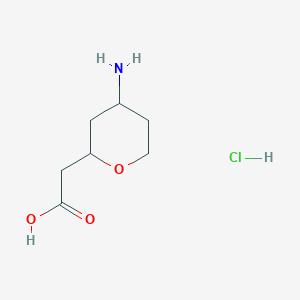 molecular formula C7H14ClNO3 B2587728 2-(4-Aminooxan-2-yl)acetic acid;hydrochloride CAS No. 2470441-12-2