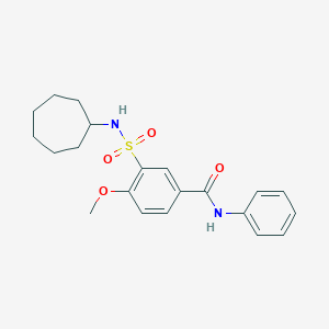 molecular formula C21H26N2O4S B258775 3-[(cycloheptylamino)sulfonyl]-4-methoxy-N-phenylbenzamide 