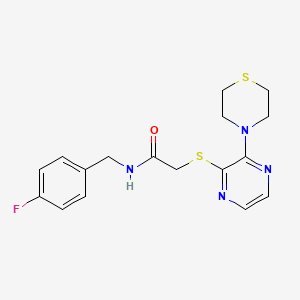 molecular formula C17H19FN4OS2 B2587753 N-(4-氟苄基)-2-((3-硫代吗啉并吡嗪-2-基)硫代)乙酰胺 CAS No. 1226453-55-9