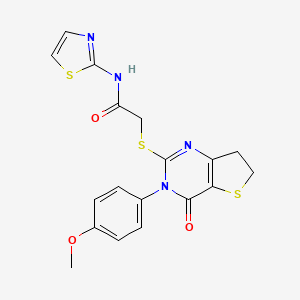 molecular formula C18H16N4O3S3 B2587791 2-((3-(4-甲氧基苯基)-4-氧代-3,4,6,7-四氢噻吩并[3,2-d]嘧啶-2-基)硫代)-N-(噻唑-2-基)乙酰胺 CAS No. 850915-62-7
