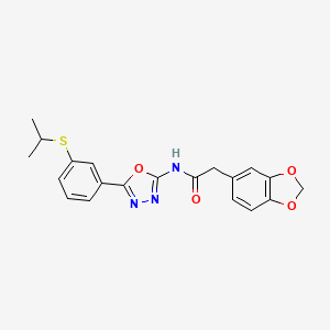 molecular formula C20H19N3O4S B2587792 2-(benzo[d][1,3]dioxol-5-yl)-N-(5-(3-(isopropylthio)phenyl)-1,3,4-oxadiazol-2-yl)acetamide CAS No. 922131-89-3