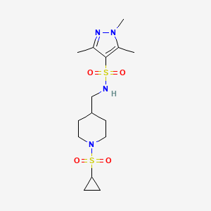 molecular formula C15H26N4O4S2 B2587889 N-((1-(cyclopropylsulfonyl)piperidin-4-yl)methyl)-1,3,5-trimethyl-1H-pyrazole-4-sulfonamide CAS No. 1428373-64-1