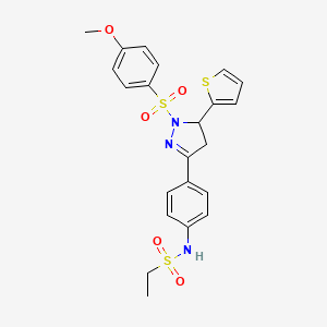 molecular formula C22H23N3O5S3 B2588082 N-(4-(1-((4-methoxyphenyl)sulfonyl)-5-(thiophen-2-yl)-4,5-dihydro-1H-pyrazol-3-yl)phenyl)ethanesulfonamide CAS No. 851781-97-0