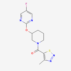 molecular formula C13H14FN5O2S B2588106 (3-((5-Fluoropyrimidin-2-yl)oxy)piperidin-1-yl)(4-methyl-1,2,3-thiadiazol-5-yl)methanone CAS No. 2034428-73-2
