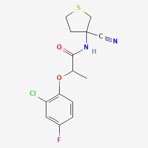 molecular formula C14H14ClFN2O2S B2588111 2-(2-氯-4-氟苯氧基)-N-(3-氰代硫杂环丙烷-3-基)丙酰胺 CAS No. 1385456-61-0
