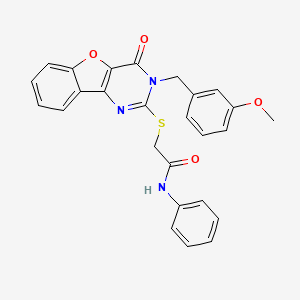 molecular formula C26H21N3O4S B2588141 2-({5-[(3-methoxyphenyl)methyl]-6-oxo-8-oxa-3,5-diazatricyclo[7.4.0.0^{2,7}]trideca-1(9),2(7),3,10,12-pentaen-4-yl}sulfanyl)-N-phenylacetamide CAS No. 899754-44-0