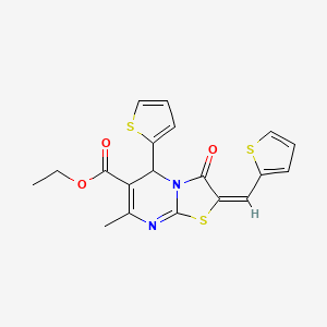 molecular formula C19H16N2O3S3 B2588143 (E)-ethyl 7-methyl-3-oxo-5-(thiophen-2-yl)-2-(thiophen-2-ylmethylene)-3,5-dihydro-2H-thiazolo[3,2-a]pyrimidine-6-carboxylate CAS No. 306309-82-0