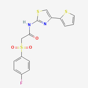 molecular formula C15H11FN2O3S3 B2588151 2-((4-fluorophenyl)sulfonyl)-N-(4-(thiophen-2-yl)thiazol-2-yl)acetamide CAS No. 895470-09-4