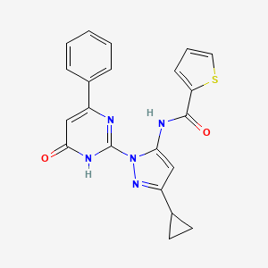 molecular formula C21H17N5O2S B2588152 N-(3-cyclopropyl-1-(6-oxo-4-phenyl-1,6-dihydropyrimidin-2-yl)-1H-pyrazol-5-yl)thiophene-2-carboxamide CAS No. 1330155-76-4