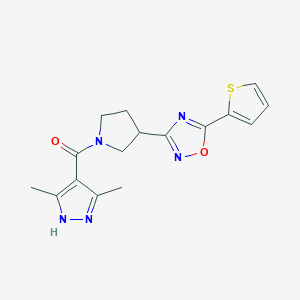 molecular formula C16H17N5O2S B2588156 (3,5-dimethyl-1H-pyrazol-4-yl)(3-(5-(thiophen-2-yl)-1,2,4-oxadiazol-3-yl)pyrrolidin-1-yl)methanone CAS No. 2034201-37-9