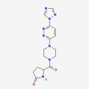 molecular formula C15H18N8O2 B2588164 5-(4-(6-(1H-1,2,4-triazol-1-yl)pyridazin-3-yl)piperazine-1-carbonyl)pyrrolidin-2-one CAS No. 1796914-57-2
